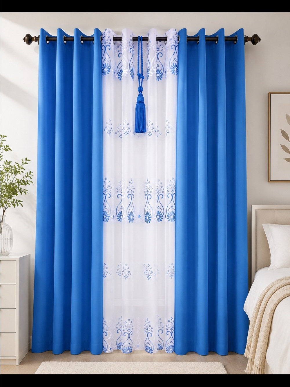 Royal Blue Blackout Curtain Panel Pair with Embroidered White Sheer